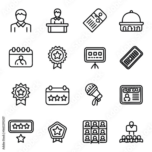 Collection of modern outline icons representing professional events and achievements