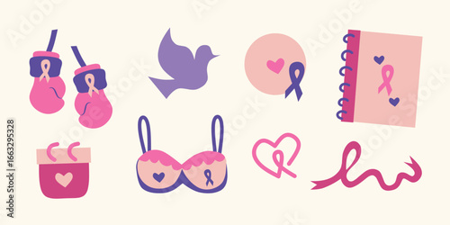 Breast cancer awareness month elements collection. Sticker set for oncology fighters. Icon collection in pink color. Cartoon doodles for poster, social media, sticker, printables, banner, infographic.