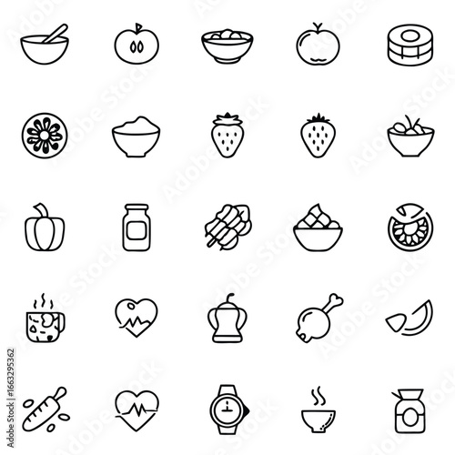Collection of simple line art icons representing healthy food, drinks, and lifestyle elements.