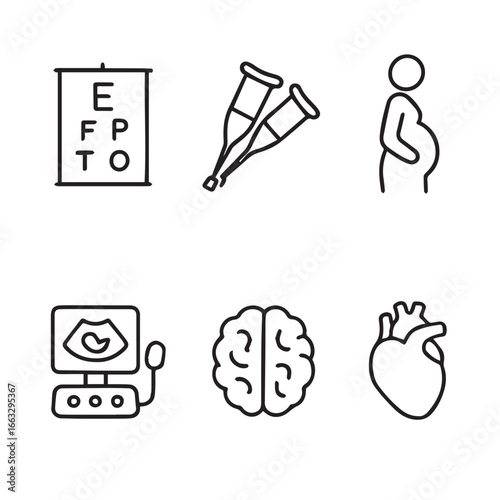 Collection of medical and health icons featuring eye chart crutches pregnant woman and ultrasound