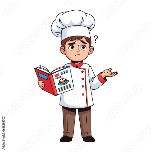Uncertain Baker with Cookbook: A puzzled baker in a chef's hat, holding a cookbook with a cake illustration, seems uncertain, perhaps questioning a recipe.