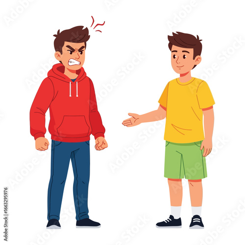 Animated Confrontation: A visual story of conflict and resolution unfolds as two young men engage in an animated discussion. One expresses anger, while the other extends a hand in amicable gesture.