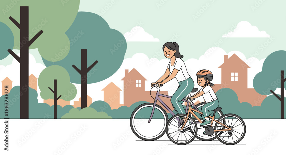Naklejka premium Adobe illustrator artwork vector illustration. A smiling mother and her young son wearing a helmet enjoy a leisurely bicycle ride through a scenic park with trees and houses in the distance