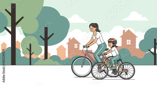 Adobe illustrator artwork vector illustration. A smiling mother and her young son wearing a helmet enjoy a leisurely bicycle ride through a scenic park with trees and houses in the distance