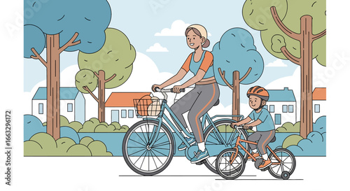 Adobe illustrator artwork vector illustration. A smiling mother and her young son wearing a helmet enjoy a leisurely bicycle ride through a scenic park with trees and houses in the distance
