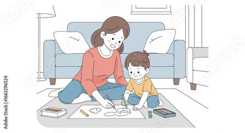 Adobe illustrator artwork vector illustration. A loving mother and her toddler son are drawing together on the floor of a cozy living room with a sofa, armchair, and lamp.