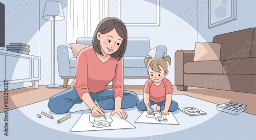 Adobe illustrator artwork vector illustration. A loving mother and her toddler son are drawing together on the floor of a cozy living room with a sofa, armchair, and lamp.