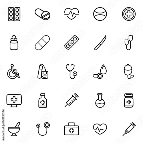 Collection of modern medical icons representing healthcare and wellness