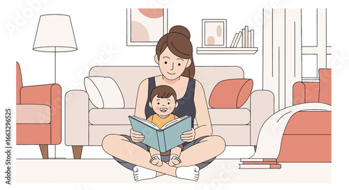 Adobe illustrator artwork vector illustration. A loving mother sitting cross-legged, reading a book to her happy toddler son who is nestled in her lap against a soft cloudy background