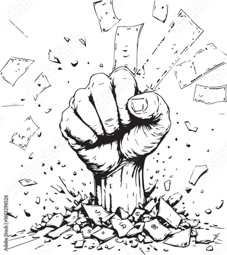 Breakthrough — sketch-style illustration of a clenched fist shattering through a surface with flying debris