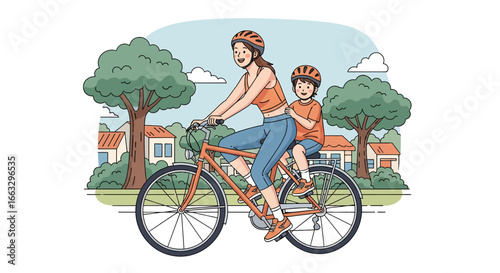 Adobe illustrator artwork vector illustration. A mother and child wearing helmets enjoy a bicycle ride together through a suburban neighborhood with trees and houses on a sunny day.