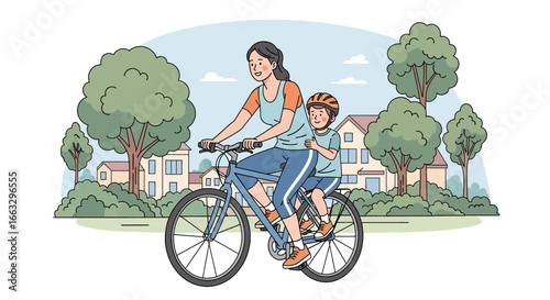 Adobe illustrator artwork vector illustration. A mother and child wearing helmets enjoy a bicycle ride together through a suburban neighborhood with trees and houses on a sunny day.
