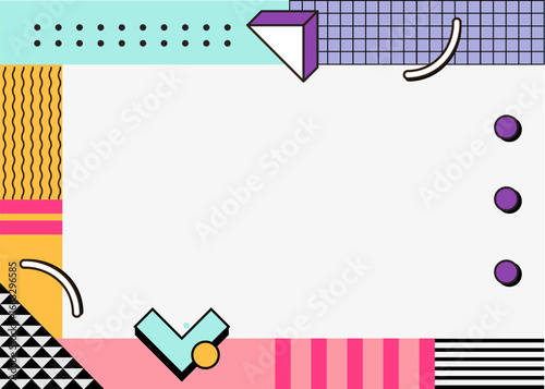 Colorful Geometric Memphis Style Frame Background on White Background with Copy Space