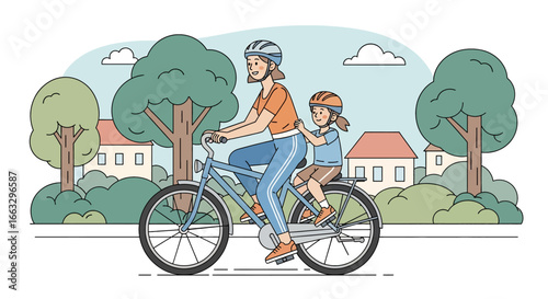 Adobe illustrator artwork vector illustration. A mother and child wearing helmets enjoy a bicycle ride together through a suburban neighborhood with trees and houses on a sunny day.