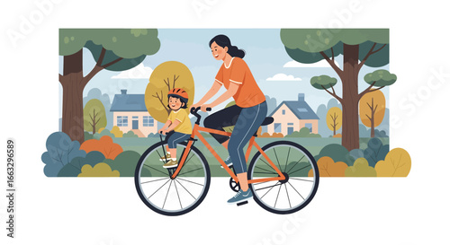 Adobe illustrator artwork vector illustration. A mother and child wearing helmets enjoy a bicycle ride together through a suburban neighborhood with trees and houses on a sunny day.