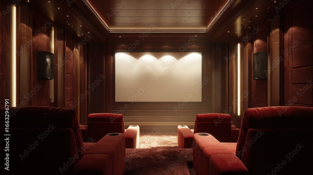 Fototapeta premium Lavish home cinema interior with plush red seating and soft lighting ambience