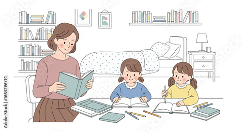 Adobe illustrator artwork vector illustration. A mother reading a book aloud to her two attentive children who are also reading at a desk in a cozy room with a bookshelf and lamp