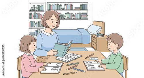 Adobe illustrator artwork vector illustration. A mother reading a book aloud to her two attentive children who are also reading at a desk in a cozy room with a bookshelf and lamp