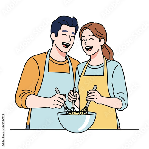 Joyful Culinary Duo: A cheerful couple collaborates in the kitchen, whisking ingredients in a bowl, creating a moment of shared joy and culinary togetherness.