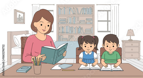 Adobe illustrator artwork vector illustration. A mother reading a book aloud to her two attentive children who are also reading at a desk in a cozy room with a bookshelf and lamp