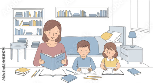 Adobe illustrator artwork vector illustration. A mother reading a book aloud to her two attentive children who are also reading at a desk in a cozy room with a bookshelf and lamp