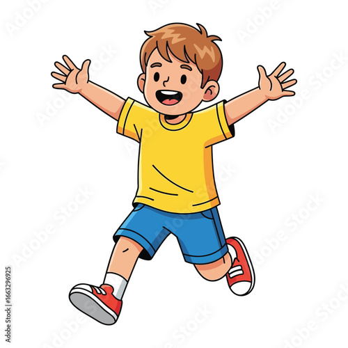 Joyful Child's Leap: A happy and energetic young boy is leaping with joy. His arms are outstretched as he embarks on a fun adventure. This illustration embodies the energy and happiness of childhood.