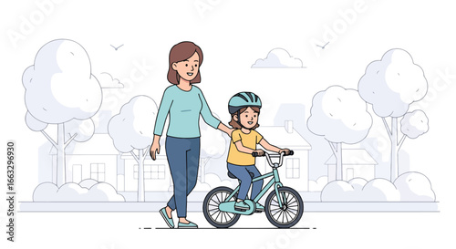 Adobe illustrator artwork vector illustration. A mother and child wearing helmets enjoy a bicycle ride together through a suburban neighborhood with trees and houses on a sunny day