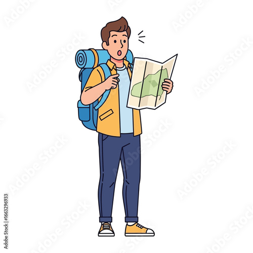 Lost in Translation: An illustrated young traveler is bewildered with map and large backpack, showcasing the universal emotion of confusion on a journey