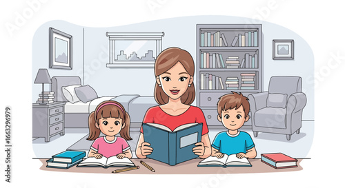 Adobe illustrator artwork vector illustration. A mother reading a book aloud to her two attentive children who are also reading at a desk in a cozy room with a bookshelf and lamp