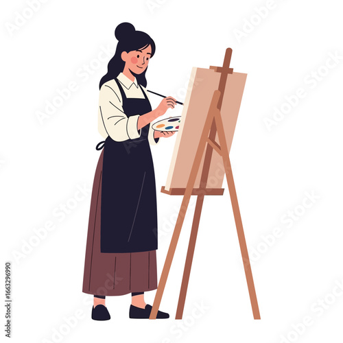 Artist at Work: A dedicated artist, garbed in an apron, focuses on her craft. A paint palette is clutched in one hand, a brush in the other.