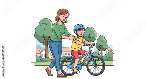 Adobe illustrator artwork vector illustration. A mother and child wearing helmets enjoy a bicycle ride together through a suburban neighborhood with trees and houses on a sunny day
