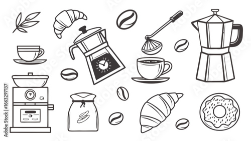 Coffee Line Art Vector Icon Set — Café Equipment Transparent PNG