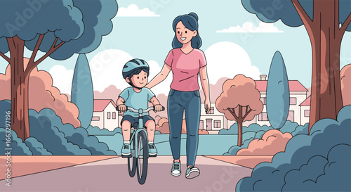 Adobe illustrator artwork vector illustration. A mother and child wearing helmets enjoy a bicycle ride together through a suburban neighborhood with trees and houses on a sunny day