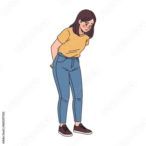 Upset Woman with Stomachache: A woman's expression of discomfort is etched across her face as she stands with her hands on her stomach, conveying feelings of pain and unease in this illustration.