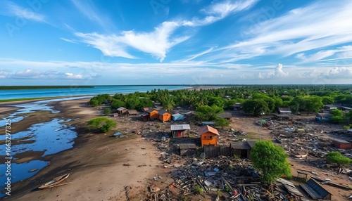 Aerial view of devastated Potenga fishing village, Chittagong, Bangladesh after Cyclone Sitrang; debris scattered across the landscape,   aid,  damage