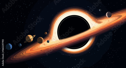 Cartoon Black Hole with Planets and Accretion Disk in Space.