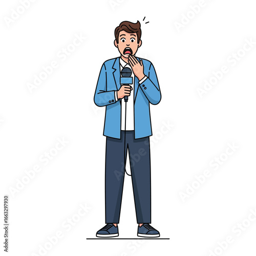 Shock and Surprise: A professional man holds a microphone, expressing shock and dismay with his hand covering his mouth and his eyes wide with amazement. A visual metaphor for unexpected news.