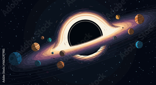Cartoon Black Hole with Planets and Accretion Disk in Space.