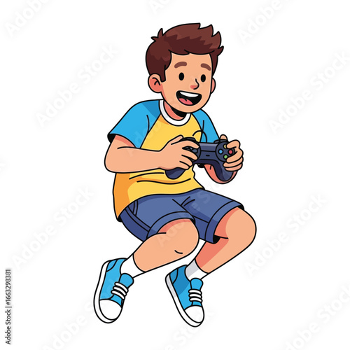 Digital Gaming Delight: A young boy, filled with joyous excitement, immerses himself in the virtual world, clutching a game controller with focused intensity, showcasing the power of play.