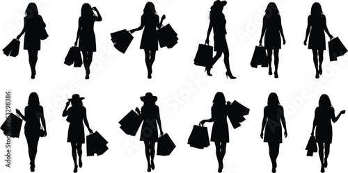 Silhouettes of people carrying shopping bags in various poses walking standing retail consumer activity vector illustration for fashion market and commerce