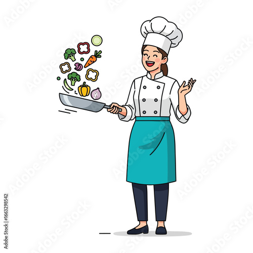 Culinary Artist: A cheerful chef is seen masterfully tossing fresh, vibrant vegetables in a pan, demonstrating culinary skills with infectious energy and delight.