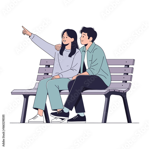 Couple on a bench: A tender scene unfolds as a couple, seated closely on a bench, shares a moment of connection, with one pointing towards a shared vision.