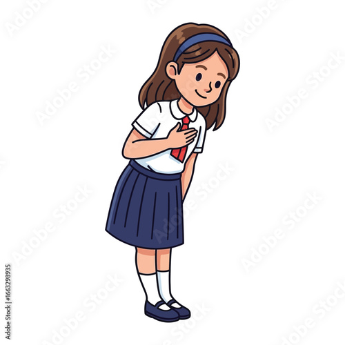 School Girl's Polite Bow: A cheerful illustration of a schoolgirl in uniform, executing a respectful bow, hands gently placed over her heart in a gesture of sincerity. 