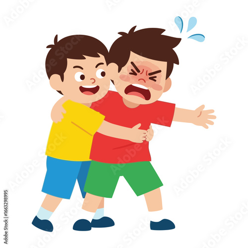 Playful Conflict:  A vibrant illustration capturing two boys locked in a playful wrestling match, highlighting the dynamics of childhood interaction and competition. 