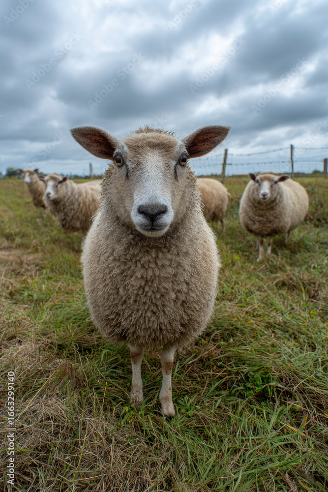 Obraz premium A woolly sheep looks directly at the camera while grazing in a grassy field on an overcast day.