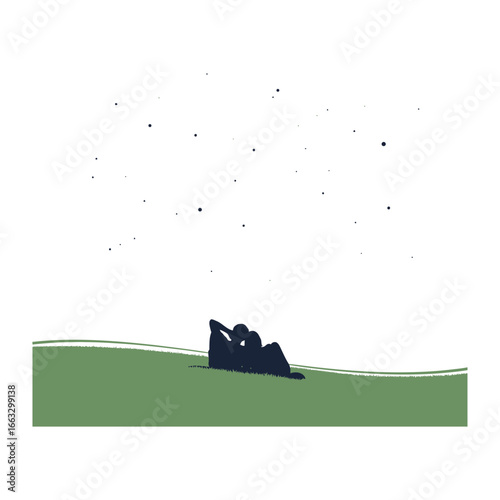 Stargazing Silhouette: A peaceful silhouette of a couple lying on a hill, gazing at the stars, evoking a sense of tranquility, love and connection under the vast night sky.