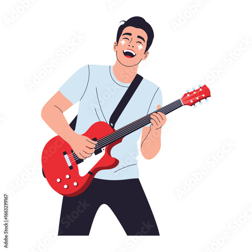 Joyful Guitarist in Musical Rapture: A youthful musician pours his heart and soul into the music, skillfully playing a vibrant red guitar with an expression of pure bliss.