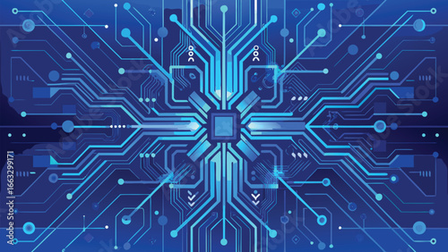 Abstract circuit board design with prominent blue lines, showcasing a modern technological aesthetic..eps