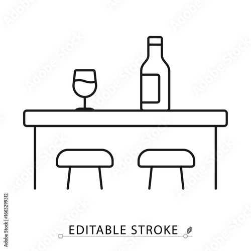 Bar line icon with editable stroke. Vector outline of counter table with stools, wine bottle and glass. Minimal symbol for pub, lounge, nightlife, drinks, alcohol, restaurant and hospitality design.