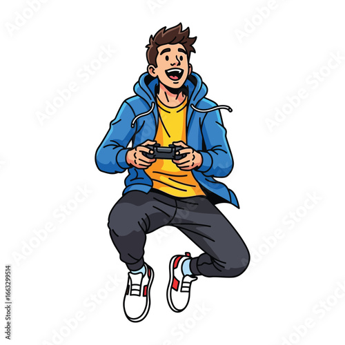 Jumping for Joy: A cartoon illustration depicts a lively young man in mid-air, absorbed in a thrilling game, controller in hand, exuding joy and excitement. 